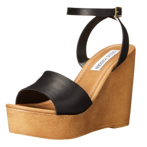 BNIB Steve Madden Welsh Leather Wedge Platform Sandals 9.5 Black - Picture 2 of 10